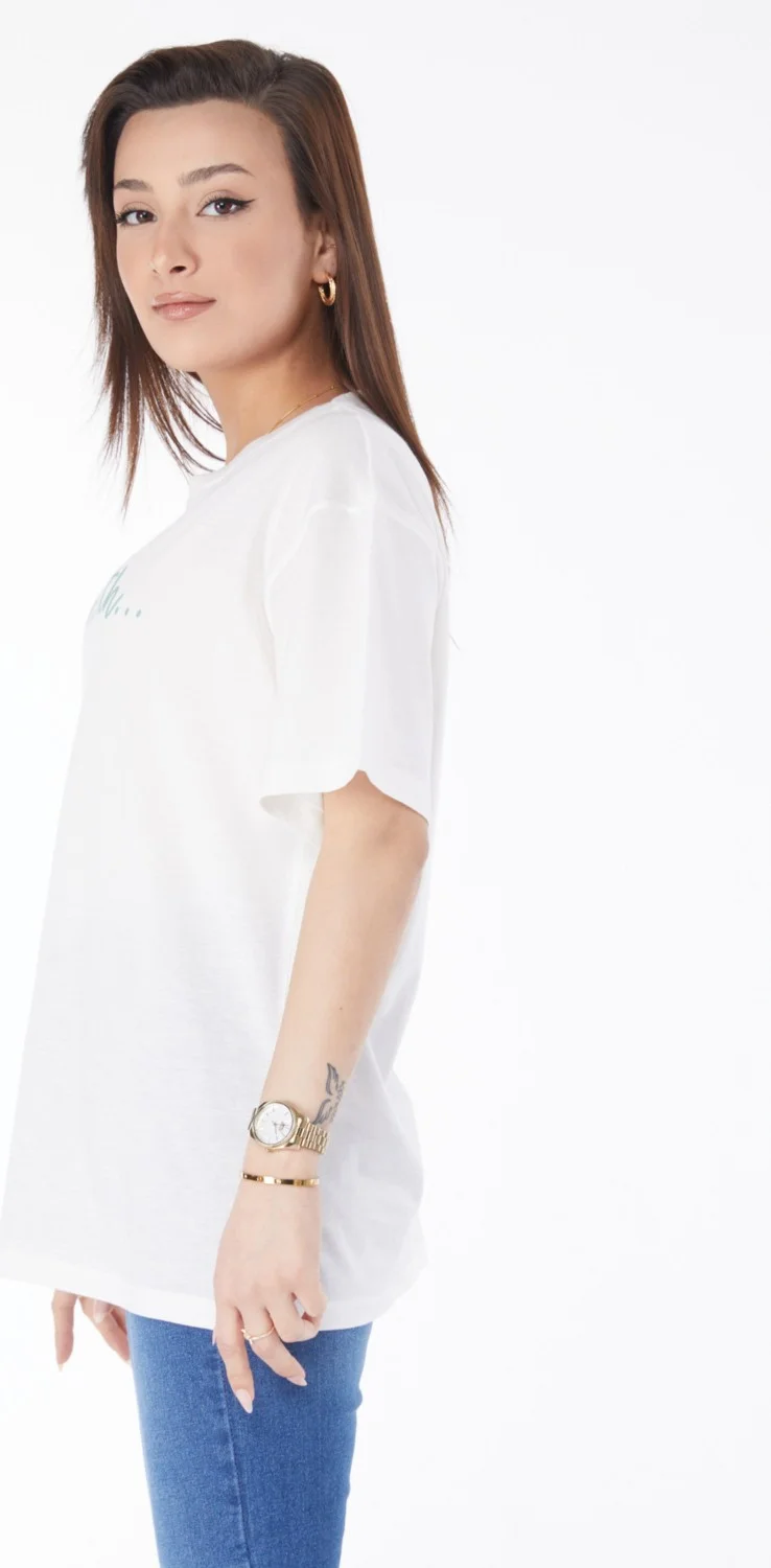 Tofisa 24650-EKRU Crew Neck Short Sleeve Printed T-Shirt