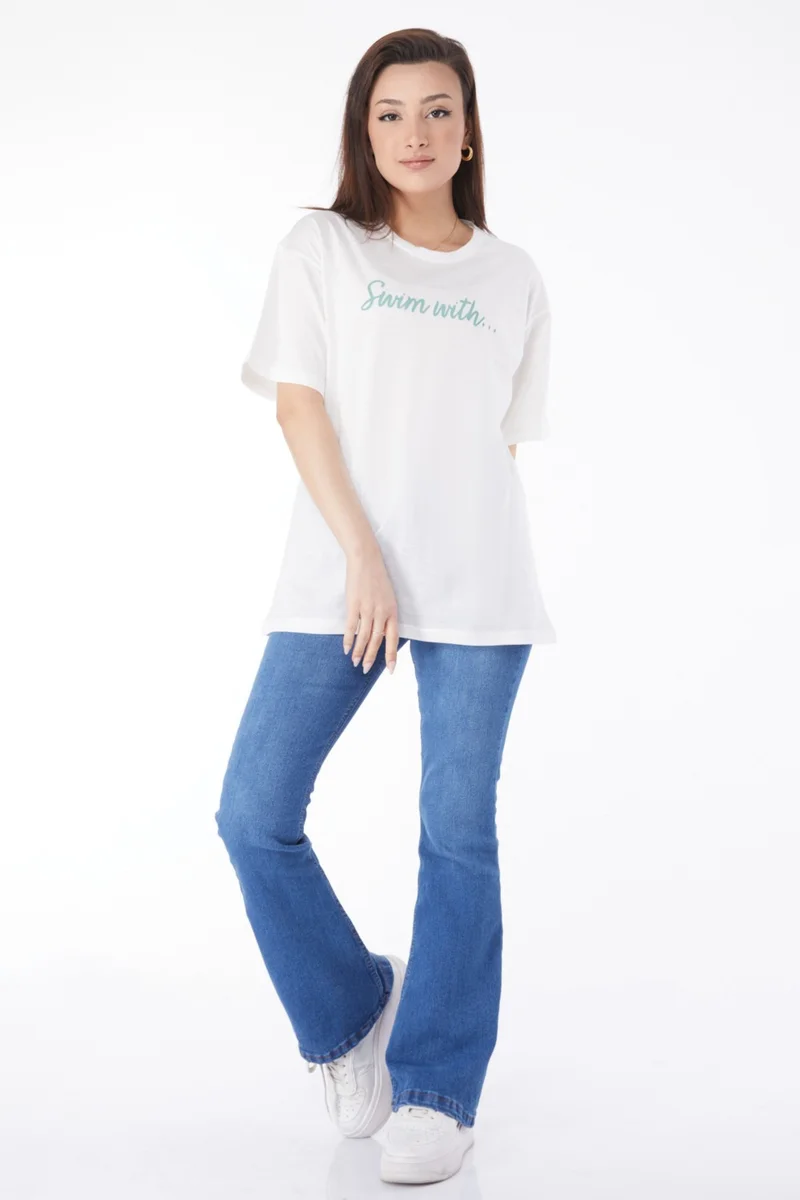 Tofisa 24650-EKRU Crew Neck Short Sleeve Printed T-Shirt
