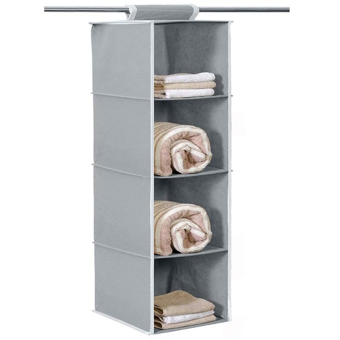 4 SHELF CLOSET HANGING ORGANIZER 4 TIER CLOSET WARDROBE ORGANIZER CLOTHES STORAGE HANGER FOR FAMILY CLOSET BEDROOM FOLDABLE AND UNIVERSAL FIT ALMIRAH GREY SET OF 1