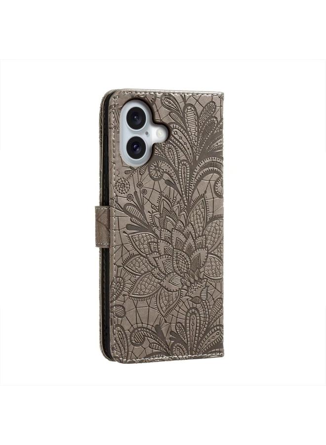 اس-توب جراب هاتف iPhone 16 من الجلد القابل للطي مع نقش زهور الدانتيل - Image 4