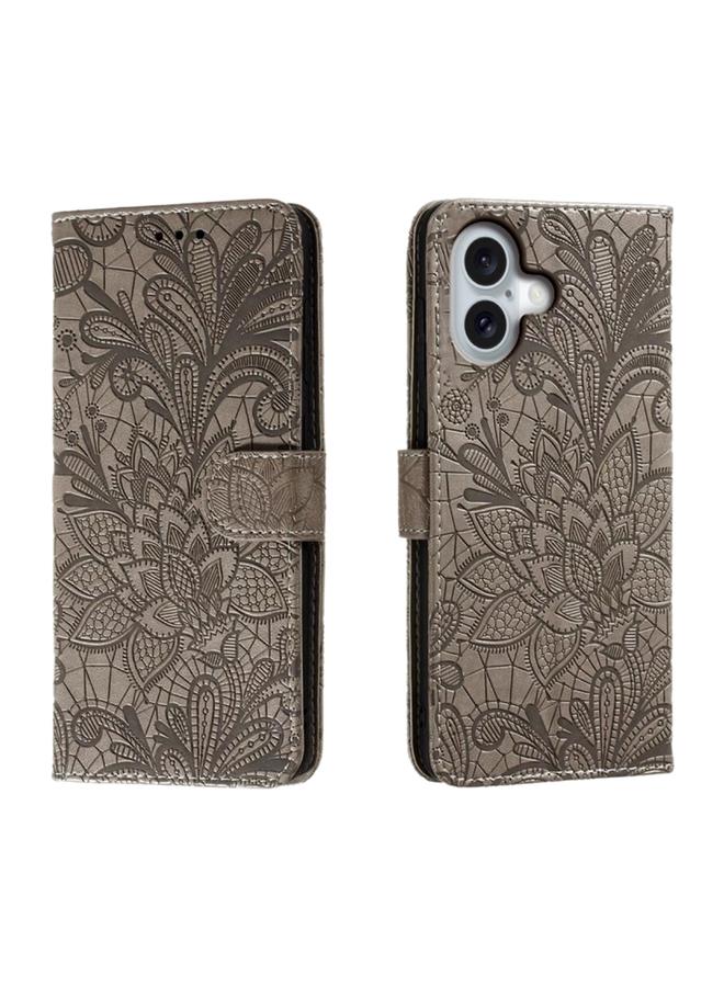 اس-توب جراب هاتف iPhone 16 من الجلد القابل للطي مع نقش زهور الدانتيل - Image 1
