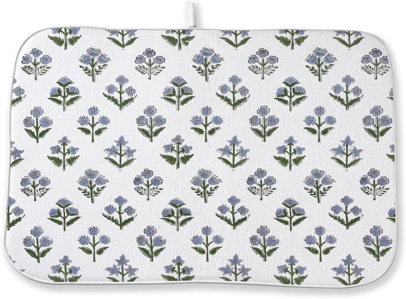 Sorktse Vintage Blue Sage Green Floral Dish Drying Mat 18 x 24 Inch Block Print Floral Drying Mat for Kitchen Counter Absorbent Boho Flowers Dishes Dry Pad for Drainer Rack Kitchen Fast Dry - Image 1