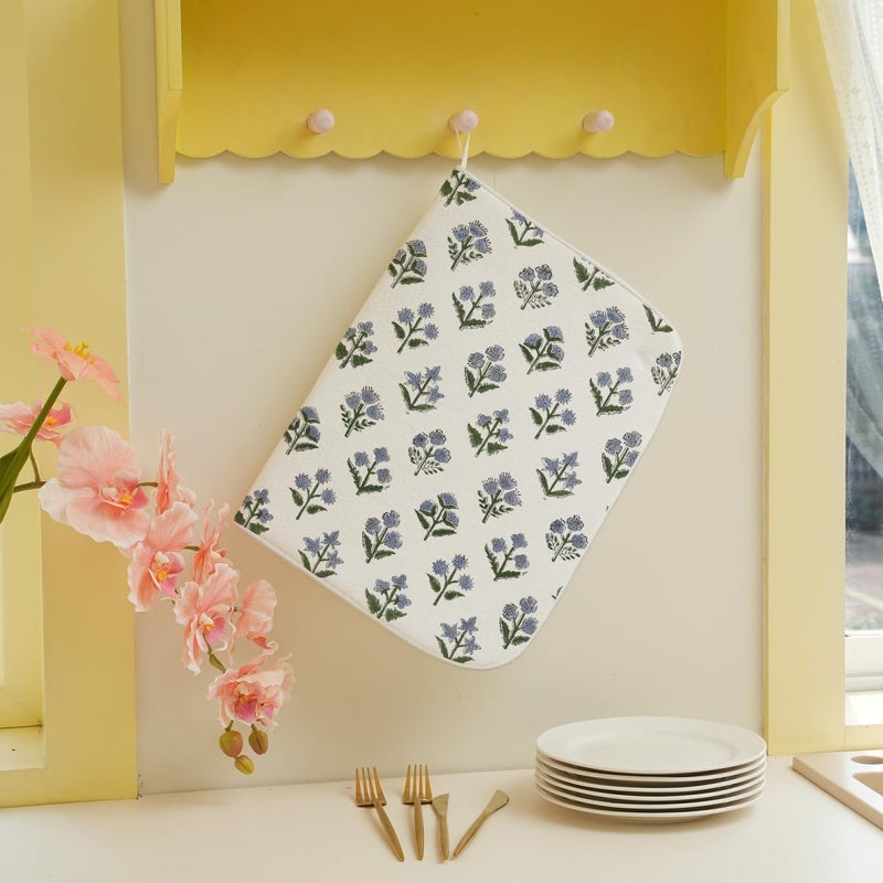 Sorktse Vintage Blue Sage Green Floral Dish Drying Mat 18 x 24 Inch Block Print Floral Drying Mat for Kitchen Counter Absorbent Boho Flowers Dishes Dry Pad for Drainer Rack Kitchen Fast Dry - Image 3