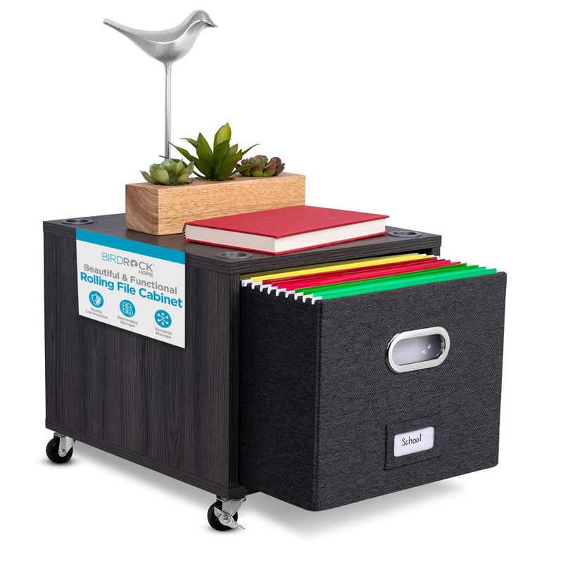 BirdRock Home خزانة ملفات بوردروك هوم المتحركة رف تخزين زخرفي مع صناديق قابلة للإزالة ومقابض وعجلات تنظيم الملفات والكتب والألعاب تحت المكتب حل مكتبي تصميم حديث 1 درج جانبي رمادي