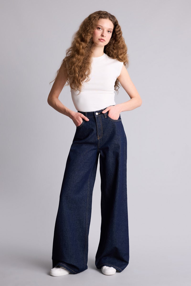 DeFacto Blue Woman Wide Leg Denim Trousers Casual - Image 2