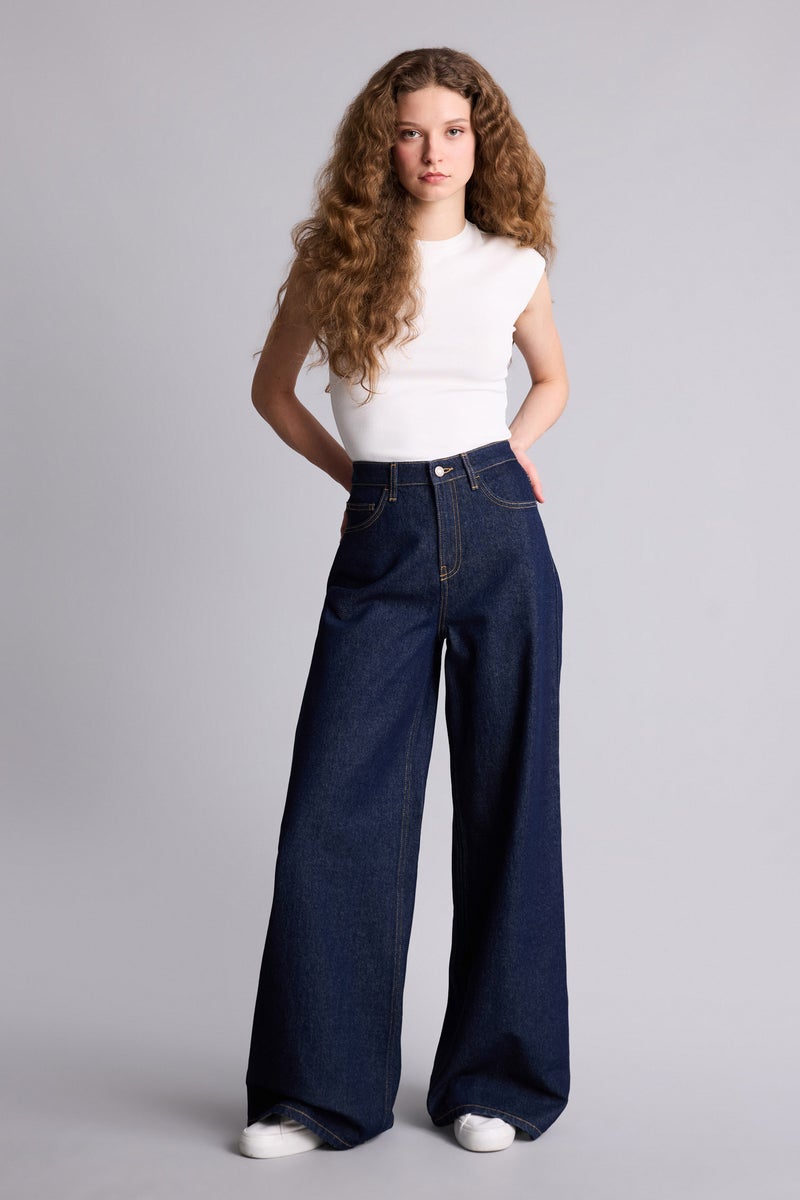 DeFacto Blue Woman Wide Leg Denim Trousers Casual - Image 1