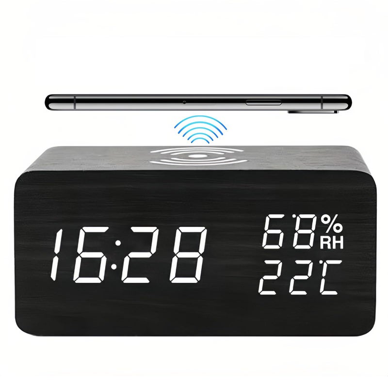 Lancoon Wooden Digital Alarm Clock with LED Wireless Charging Temperature and Humidity Display Adjustable Brightness Sound Control for Bedroom Home Office Black