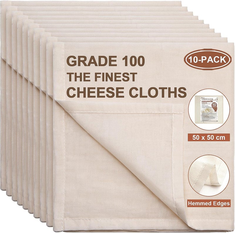 eFond Cheese Cloths, 10-Pack, 20x20Inch Squares with Hemmed Edges, Grade 100 Ultra Fine Reusable Cheesecloth for Straining, Unbleached Cotton Muslin Cloths for Cooking, Nut Milk, Butter & Baking - Image 1