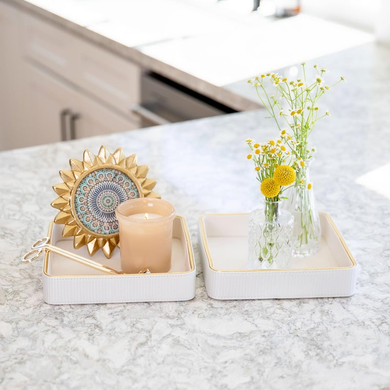 ZHEM Catch All Trays for Jewelry| Small Leather Valet Tray| Key Bowl for Entryway Table EDC Trinket Tray Catch All| Perfume Trays for Dresser Organizer Perfume Holder (White 8"x8"x1.8" 2 Pack) - Image 3