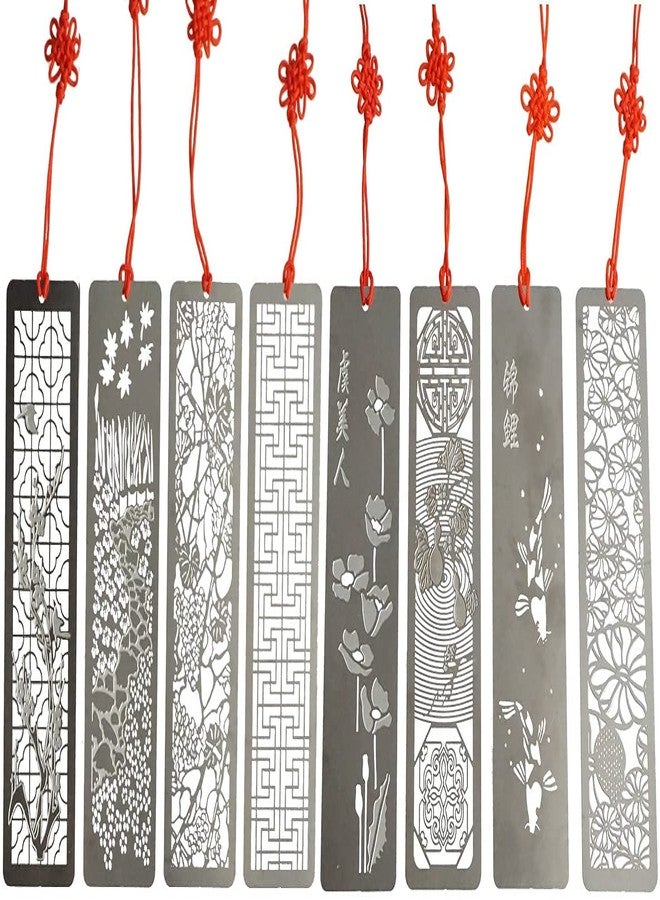 MosBug Metal Bookmarks 8 Pcs Hollow Art Stainless Steel Book Mark with Red Enless Knot, Bookmarks Gift for Men Women Book Lovers, Unique Book Marks Accessories - Image 1