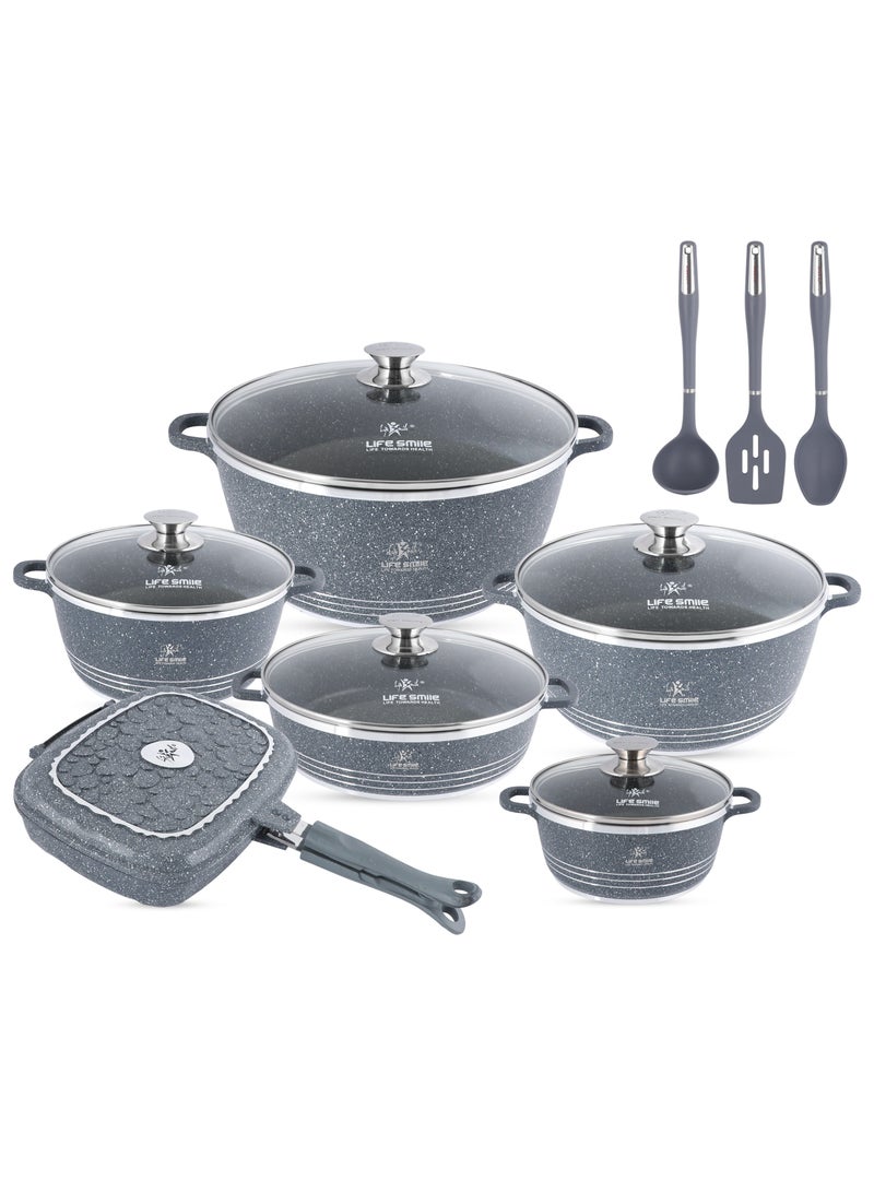 Life Smile 15Pcs Pots and Pans Set, Non-Stick Cookware Sets- Granite Cookwares, Cooking Set Non-Stick Includes Casserole 20/24/28/32cm, Grill Pan 32cm ,Shallow pot 28cm with Lid (PFOS, PFOA Free) & 3pcs Kitchen utensils  - Image 1