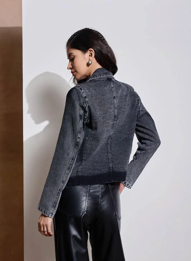 SASSAFRAS Button Details Notch Collar Denim Crop Blazer
