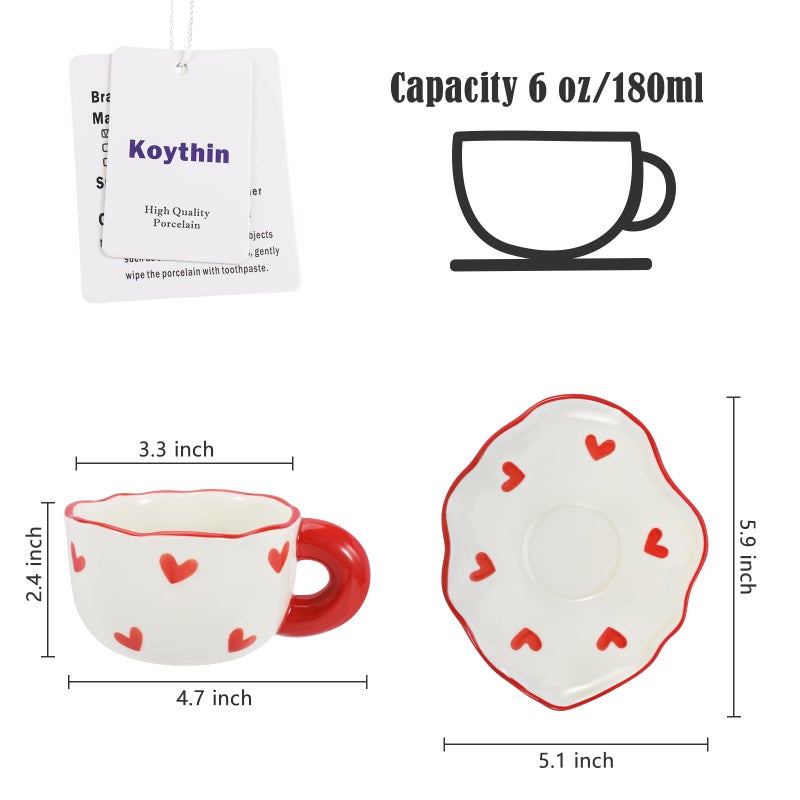 Koythin Ceramic Coffee Mug Saucer Set, Cute Creative Cup with Heart Pattern Saucer Design for Office and Home, Dishwasher and Microwave Safe, 6 oz/180 ml for Latte Tea Milk (Red Heart) - Image 2