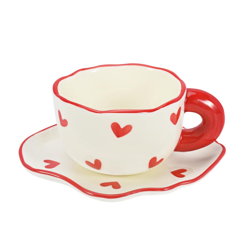 Koythin Ceramic Coffee Mug Saucer Set, Cute Creative Cup with Heart Pattern Saucer Design for Office and Home, Dishwasher and Microwave Safe, 6 oz/180 ml for Latte Tea Milk (Red Heart) - Image 1