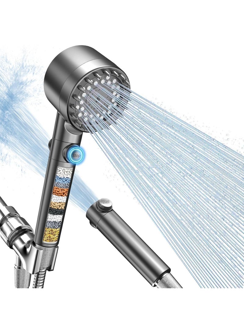 FEELSO High Pressure Shower Head Filter for Hard Water with 1.5m Hose Grey - Image 1