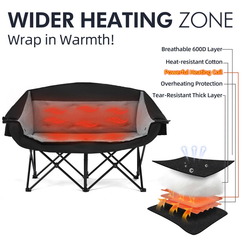 PUVASIA Heated Double Camping Chair - Heated Loveseat Chair for 2 Person Heavy Duty Oversized Padded Camping Couch for Adults Outdoor Sports Lawn Portable Folding Chairs - Image 3