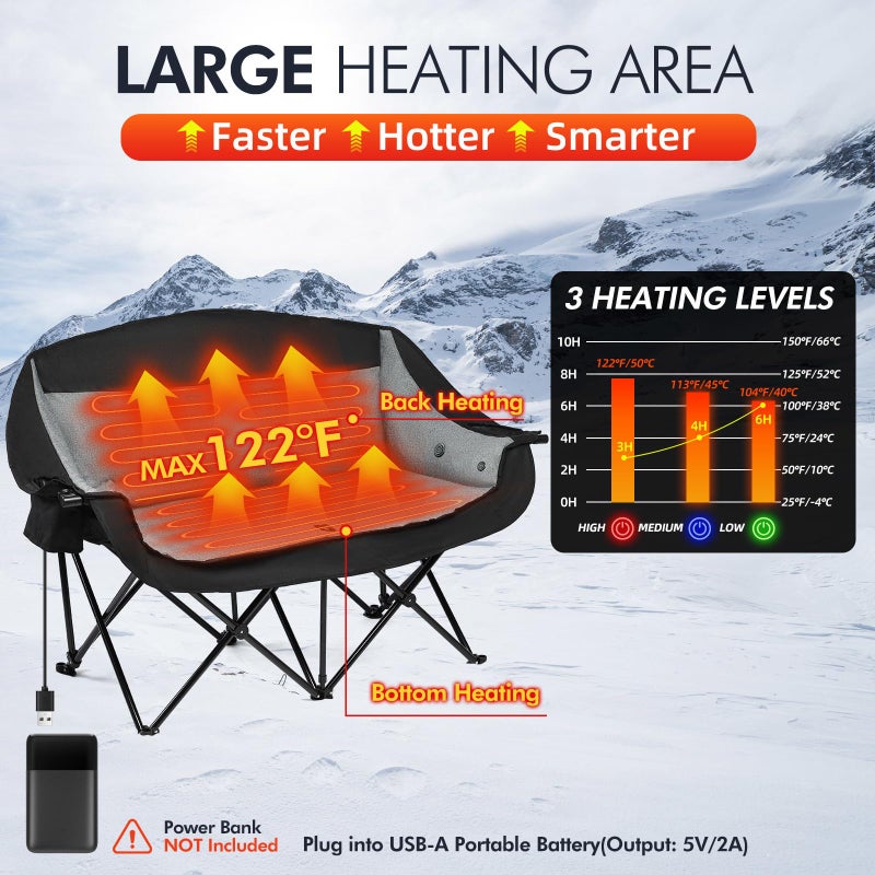 PUVASIA Heated Double Camping Chair - Heated Loveseat Chair for 2 Person Heavy Duty Oversized Padded Camping Couch for Adults Outdoor Sports Lawn Portable Folding Chairs - Image 4