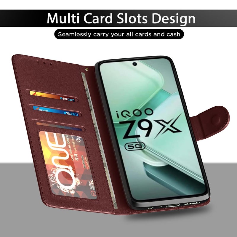 Pikkme IQOO Z9x 5G Flip Cover Leather Finish | Inside TPU with Card Pockets | Wallet Stand and Shock Proof | Complete Protection Flip Case (Brown) - Image 5