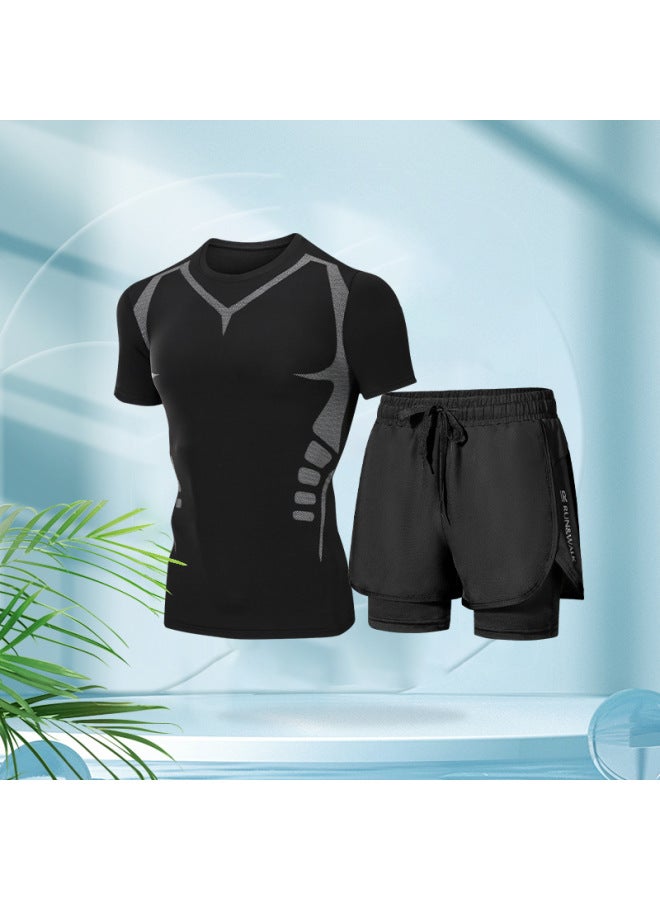 Generic Swimwear Men's Summer Tight Quick-drying Clothes Ice Silk Sports Top Long-sleeved Double-layer Breathable Sunscreen Upper Body Swimsuit-Color:Hot Spring Two-Piece Set 【Shade Trees】 Long Sleeve-  - Image 1