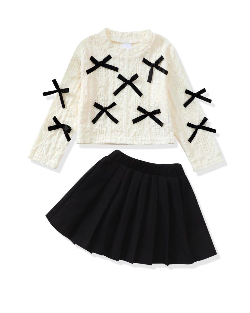 Renotemy Toddler Baby Girl Fall Winter Skirt Set Sweatshirt Pleated A-Line Dress Little Girls Clothes 2-Piece Outfits 18M-6T, Black Bow, 4-5 Years - Image 1