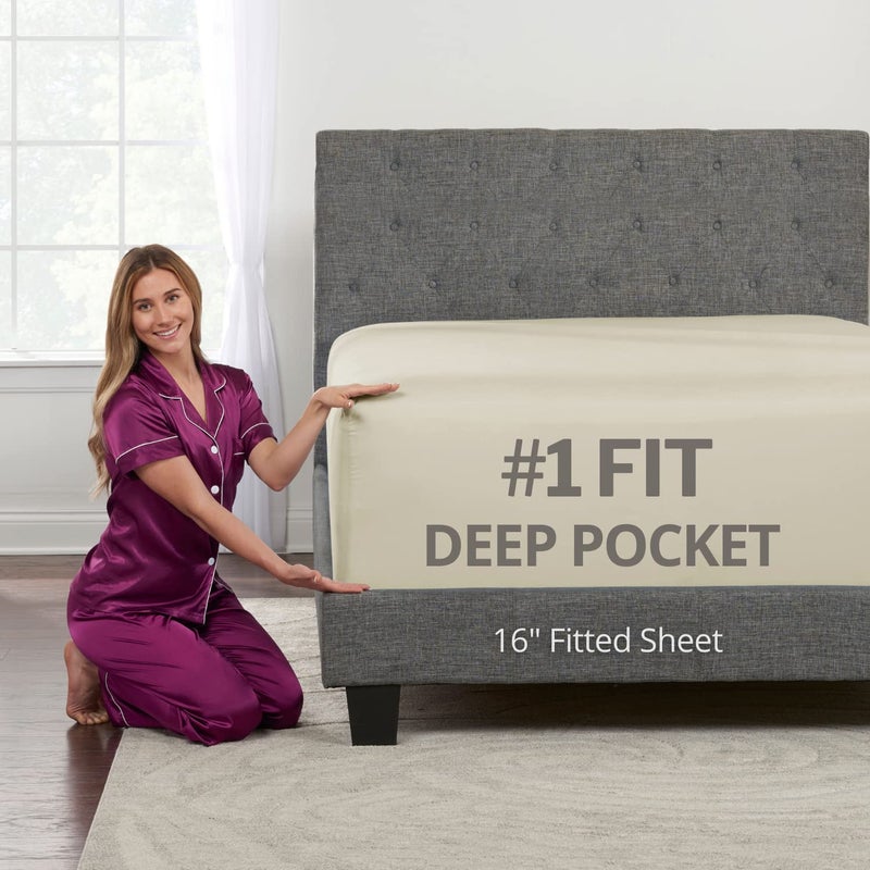 DeaLuxe Kids Twin XL Fitted Sheet - Real [16-Inch] Extra Deep Pocket Twin XL Fitted Sheet Only - Perfectly-FIT Fitted Sheet for 14 -18  Deep Mattress - Best Fit Extra Long Fitted Sheet - Beige Light Cream - Image 1
