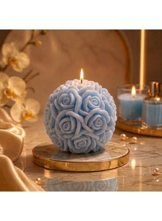 Aurora-Naturalis Handmade Elegant Rose Ball Candle | Baby Blue, Refreshing Ocean Breeze Scent | Elegant Floral Home Décor | Perfect Gift - Image 1