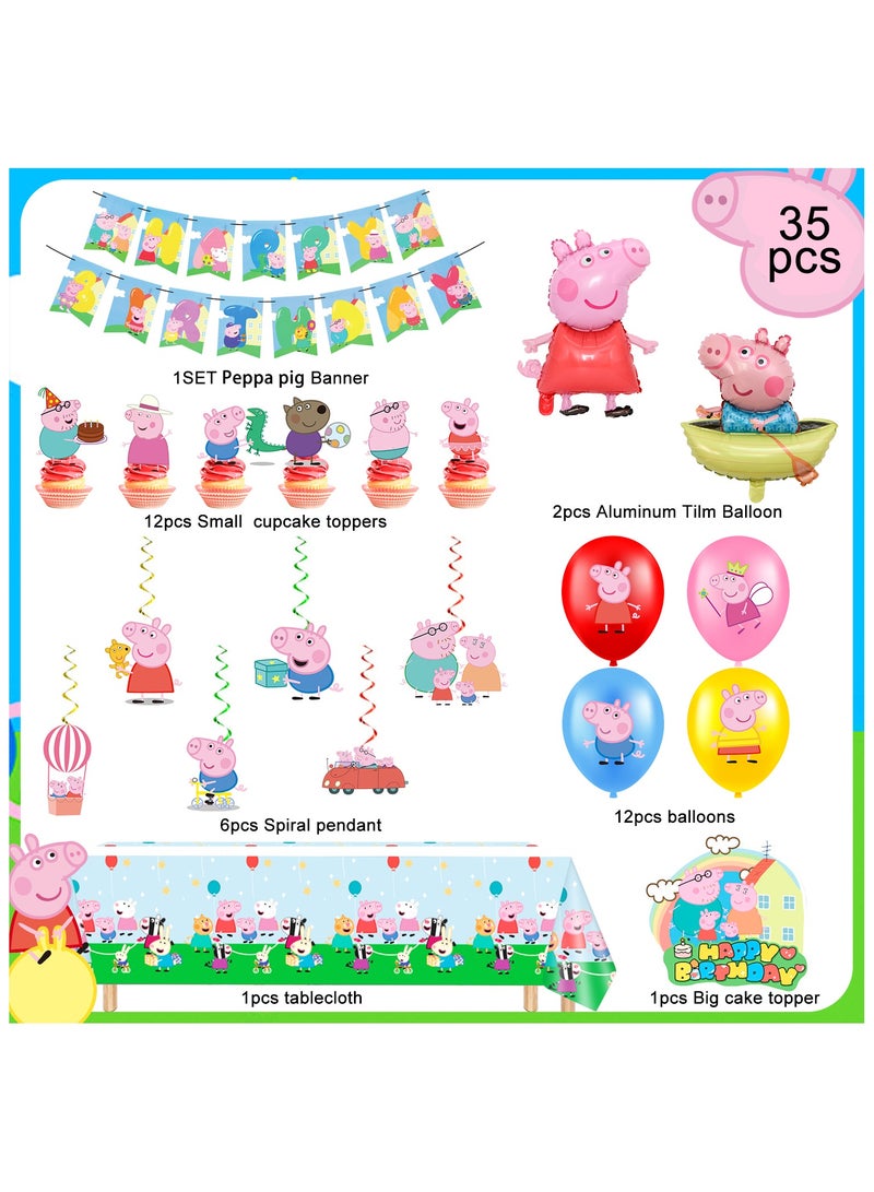 إيلوفهابرتي مجموعة زينة حفلة Peppa Pig، 35 قطعة مستلزمات حفلة عيد ميلاد Peppa Pig - زينة عيد ميلاد Peppa Pig لافتات مفارش طاولة لولبية وبالونات Peppa Pig زينة كعكة وما إلى ذلك مستلزمات حفلة Peppa Pig - Image 2