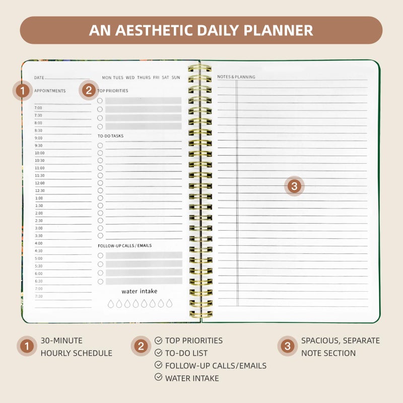 Stanoha Undated Daily Planner - Spiral Notebook 80 Days One Day Per Page, Hourly Schedule, To-Do List, Notes, Everyday Planning Task, A5 Hardcover Journal Organizer Book Women Cute, Cat Garden - Image 2