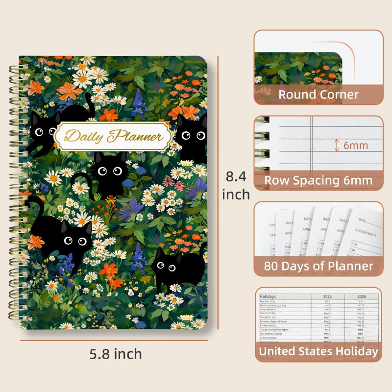 Stanoha Undated Daily Planner - Spiral Notebook 80 Days One Day Per Page, Hourly Schedule, To-Do List, Notes, Everyday Planning Task, A5 Hardcover Journal Organizer Book Women Cute, Cat Garden - Image 3