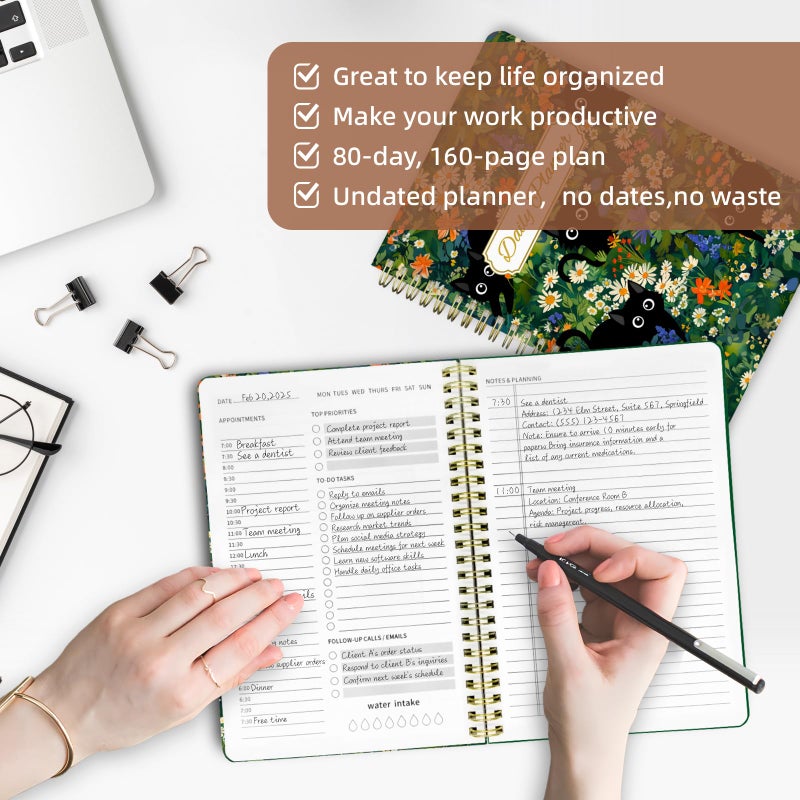 Stanoha Undated Daily Planner - Spiral Notebook 80 Days One Day Per Page, Hourly Schedule, To-Do List, Notes, Everyday Planning Task, A5 Hardcover Journal Organizer Book Women Cute, Cat Garden - Image 4