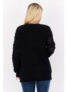 INC Women Crew Neck Long Sleeves Knitted Sweater, Black  - Image 3