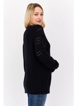 INC Women Crew Neck Long Sleeves Knitted Sweater, Black  - Image 2