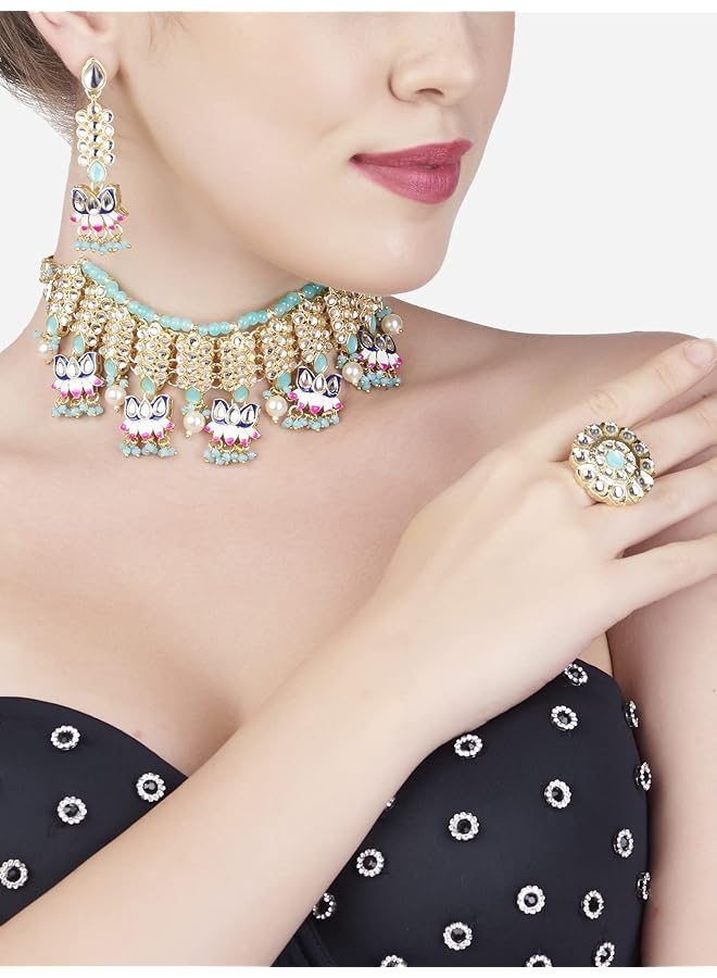 erorex Blue And Pink Meenakari Lotus Drop Kundan Choker Necklace Earring And Ring Set For Women Zpfk13202 - Image 3