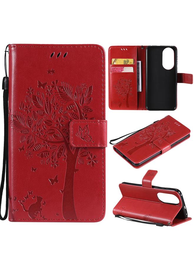 Zaboon Case For Huawei P50 Tree & Cat Pattern Pressed Printing Horizontal Flip PU Leather Case with Holder & Card Slots & Wallet & Lanyard - Image 1