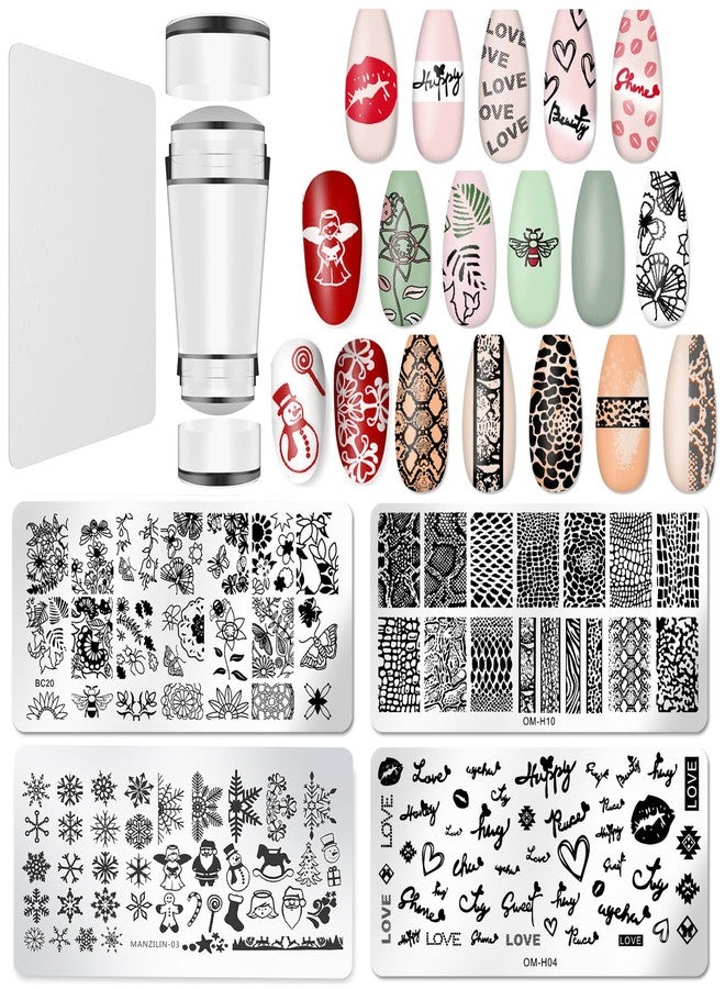 Bluezoo Nail Stamper Plate Kit, 4x Nail Stamping Plates +Dual-end Silicone Nail Art Stamper +Scraper, Butterfly Flowers & Leopard & Snake & Kiss Heart & Winter Christmas Design,DIY Manicure Salon Home BlueZOO - Image 1