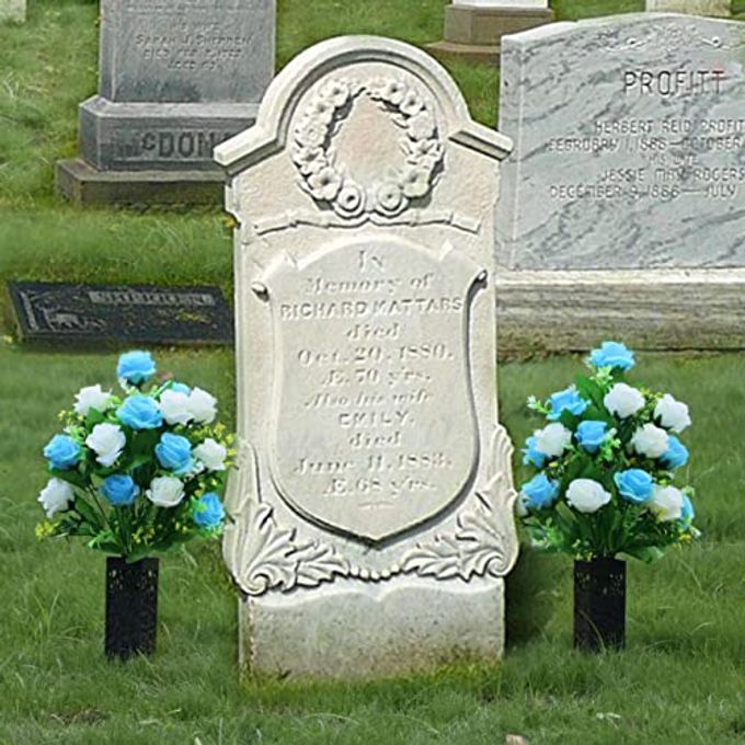 rayihni 2 Sets Artificial Cemetery Flowers,Memorial Flowers,Beautiful Arrangements for Headstones,Black Plastic vase with Drainage Hole Long Spikes Outdoor Memorials (Blue and White) - Image 3