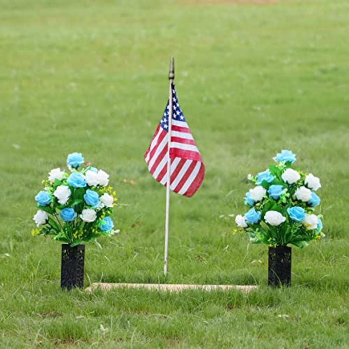 rayihni 2 Sets Artificial Cemetery Flowers,Memorial Flowers,Beautiful Arrangements for Headstones,Black Plastic vase with Drainage Hole Long Spikes Outdoor Memorials (Blue and White) - Image 2