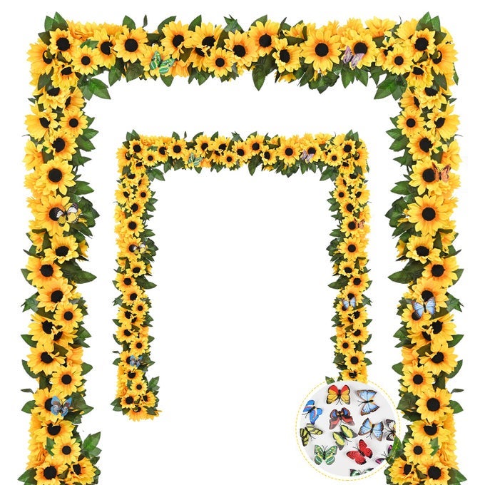 2 PACK ARTIFICIAL SUNFLOWER GARLAND DECOR SUNFLOWER VINES HANGING FLOWERS GARLAND WITH GREEN LEAVES FAKE YELLOW FLORAL VINES ROOM WEDDING PARTY DECORATION