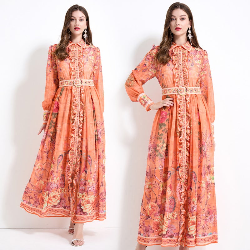 Original Design-2025 Spring and Summer Chiffon Shirt Collar Printed Long-Sleeved Waist Ruffled Long Skirt-Two-Piece Set Orange