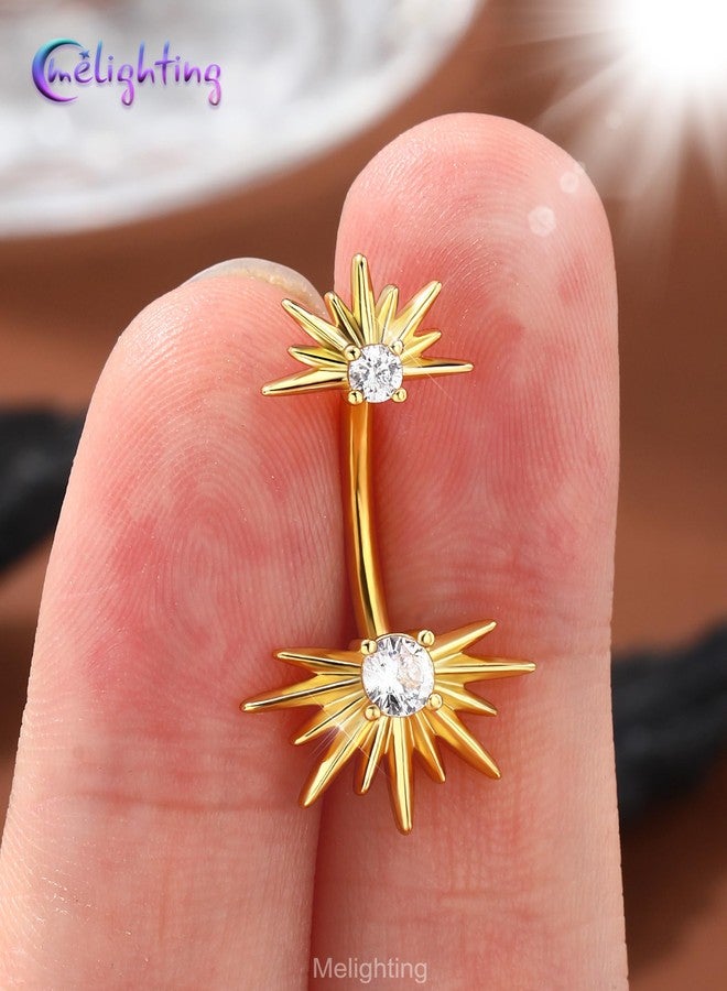Melighting 14G Belly Button Ring, Sun Belly Piercing Jewelry 316L Surgical Steel, Gold Navel Bars Barbell CZ Clear, 10 mm Body Jewellery for Women - Image 2