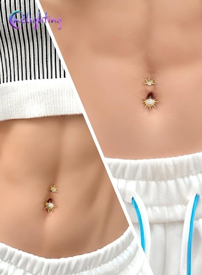 Melighting 14G Belly Button Ring, Sun Belly Piercing Jewelry 316L Surgical Steel, Gold Navel Bars Barbell CZ Clear, 10 mm Body Jewellery for Women - Image 3