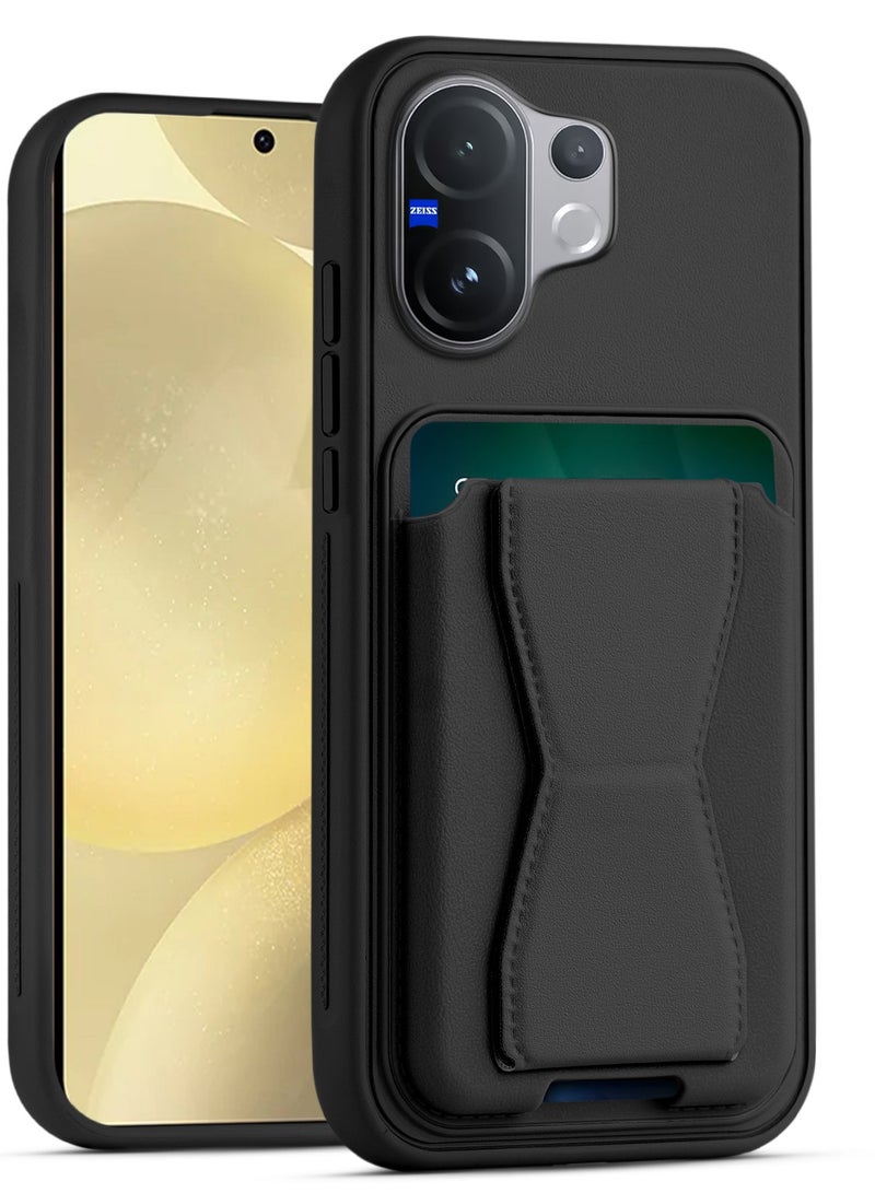 Leather back cover with card wallet Foldable Shockpoof Case compatible with Vivo V60 (Black)