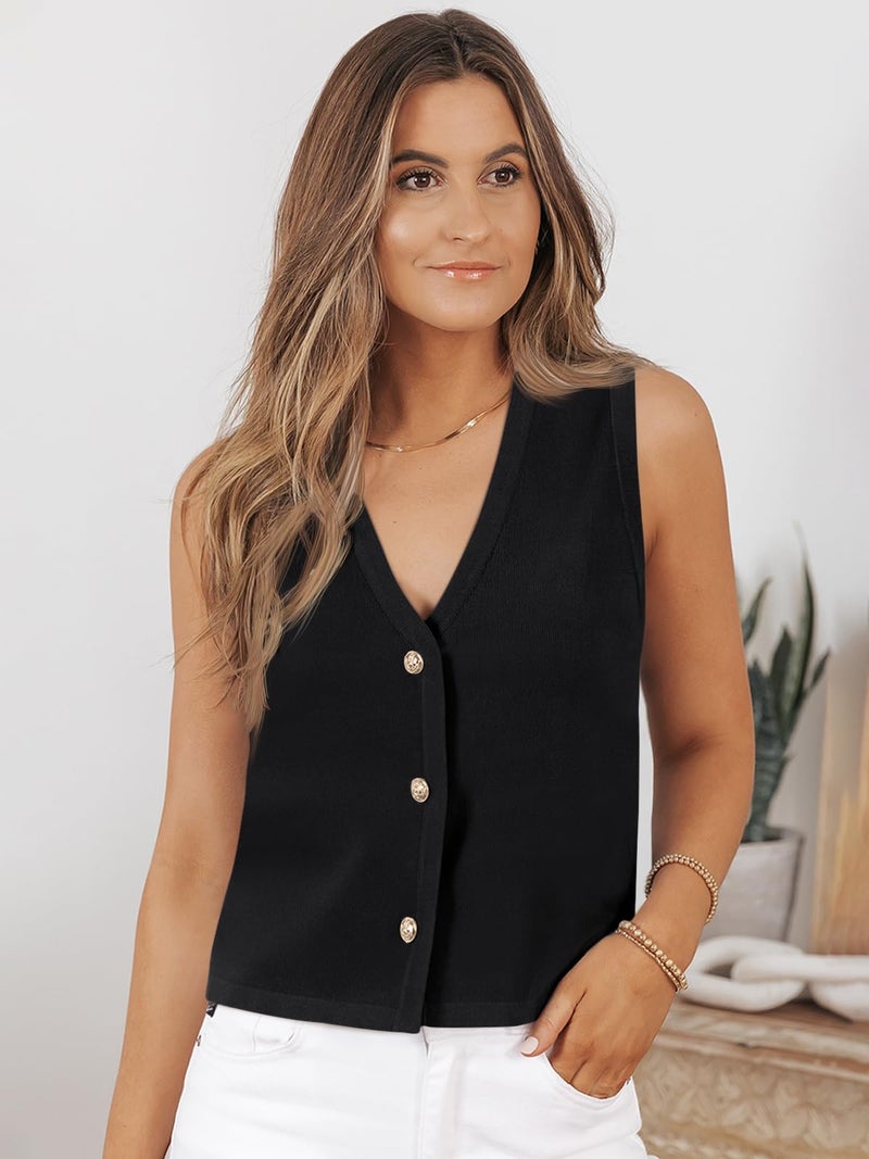 LILLUSORY Vest Tops for Women 2026 Spring Striped Sweaters Button Up Summer Business Casual Outfits Womens Blouses Jackets Fashion Clothes Sleeveless V Neck Tops Black S - Image 2