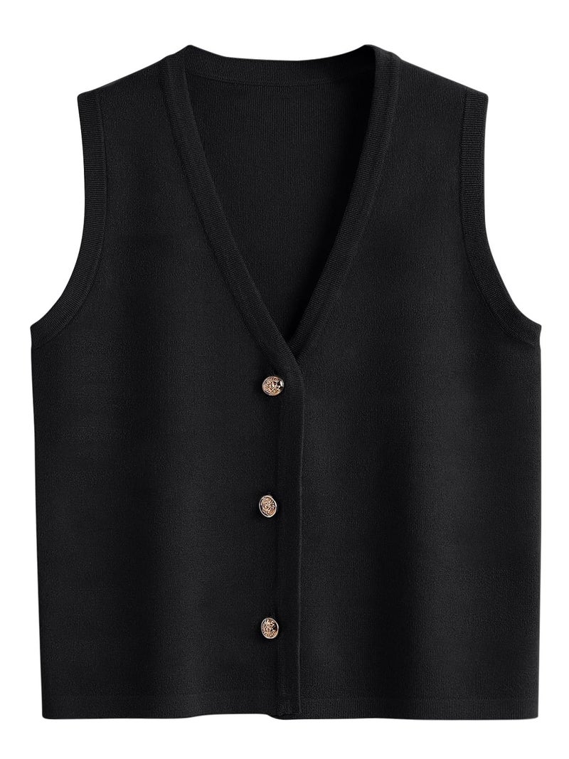 LILLUSORY Vest Tops for Women 2026 Spring Striped Sweaters Button Up Summer Business Casual Outfits Womens Blouses Jackets Fashion Clothes Sleeveless V Neck Tops Black S - Image 1