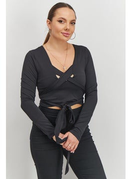Women Sports Fit Long Sleeve Crop Top, Black