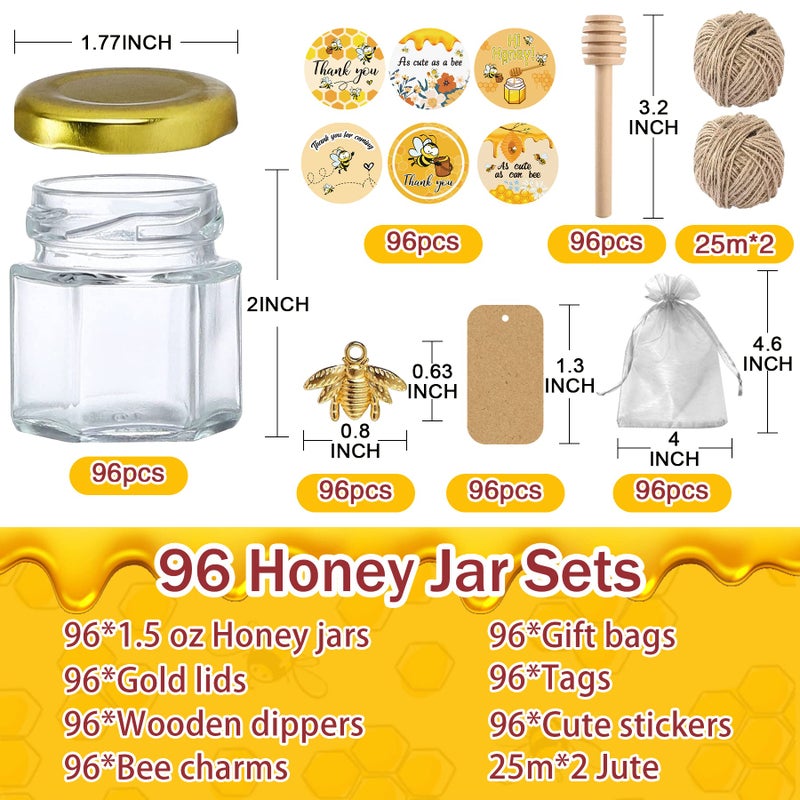 Aliggbent 96 Pack Mini Honey Jars Party Favors in Bulk, 1.5 oz Small Hexagon Glass Honey Jars with Dippers, Lids, Cute Stickers, Bee Charms, Gift Bags and Jute for Baby Showers, Weddings & Birthdays - Image 2
