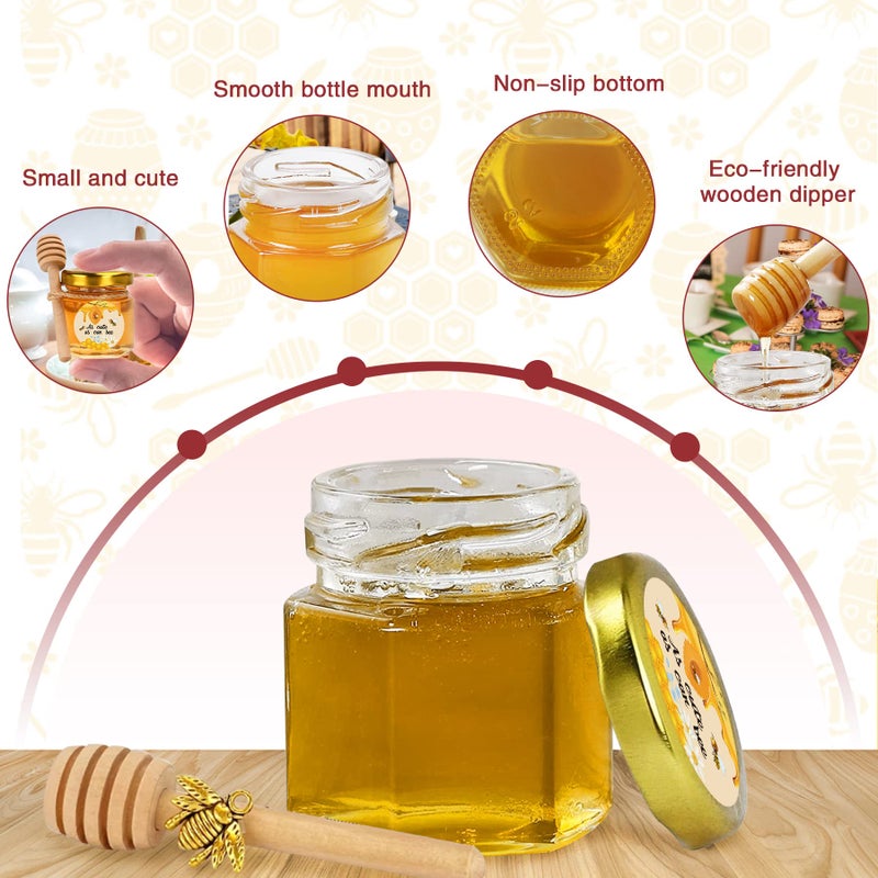 Aliggbent 96 Pack Mini Honey Jars Party Favors in Bulk, 1.5 oz Small Hexagon Glass Honey Jars with Dippers, Lids, Cute Stickers, Bee Charms, Gift Bags and Jute for Baby Showers, Weddings & Birthdays - Image 3