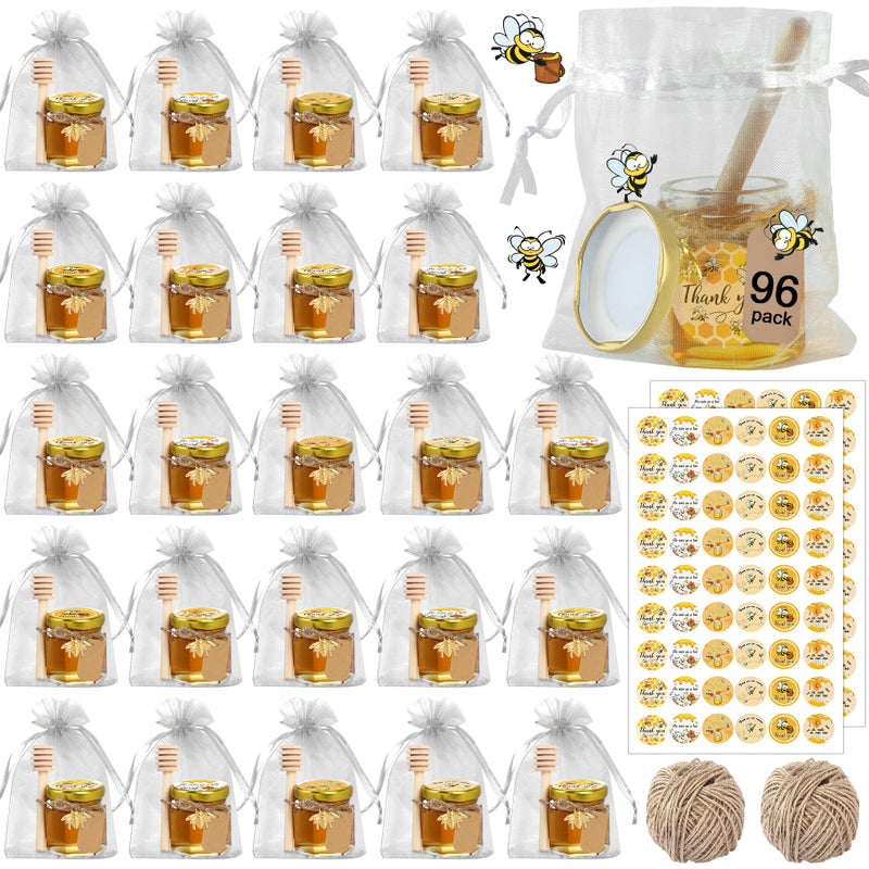 Aliggbent 96 Pack Mini Honey Jars Party Favors in Bulk, 1.5 oz Small Hexagon Glass Honey Jars with Dippers, Lids, Cute Stickers, Bee Charms, Gift Bags and Jute for Baby Showers, Weddings & Birthdays - Image 1
