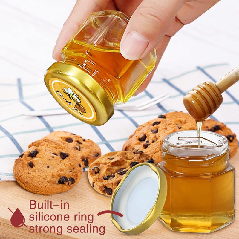 Aliggbent 96 Pack Mini Honey Jars Party Favors in Bulk, 1.5 oz Small Hexagon Glass Honey Jars with Dippers, Lids, Cute Stickers, Bee Charms, Gift Bags and Jute for Baby Showers, Weddings & Birthdays - Image 4