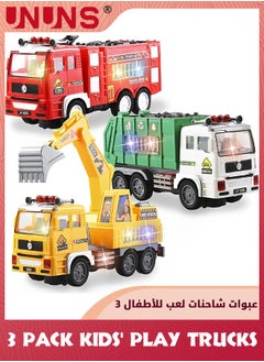 UNUNS Kids' Play Trucks,3 Pcs Toy Vehicle Trucks Playsets,Automatic Bump Go Toy Fire Truck,Garbage Truck,Play Excavator With Lights And Sounds,Vehicle Toys Set Gifts For 1 2 3 4 5+ Toddler Boys Girls  - Image 2